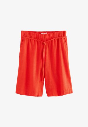 Røde linnedshorts med elastisk talje, justerbar snor og sidelommer. Stoffet har en glat tekstur og en lige pasform.