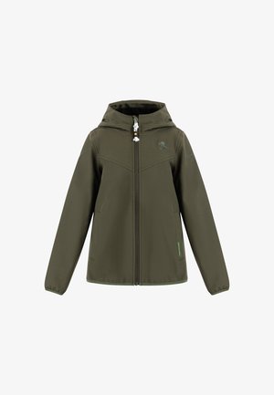 Olivgrüne Kapuzenjacke mit Frontreißverschluss, zwei Seitentaschen und kleinem Vogel-Logo auf der Brust.
