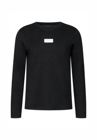 Black long-sleeve t-shirt made from cotton, featuring a round neckline and a small rectangular brand label on the chest.