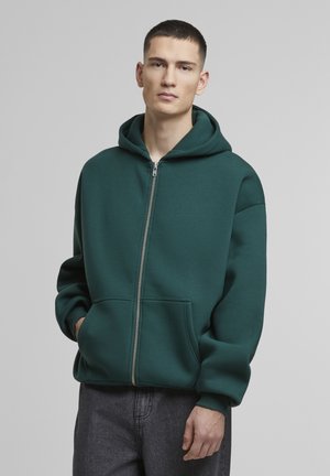 Dark green zip-up hoodie with a lined hood, front pockets, and ribbed cuffs. Made of soft, thick fabric with a relaxed fit.