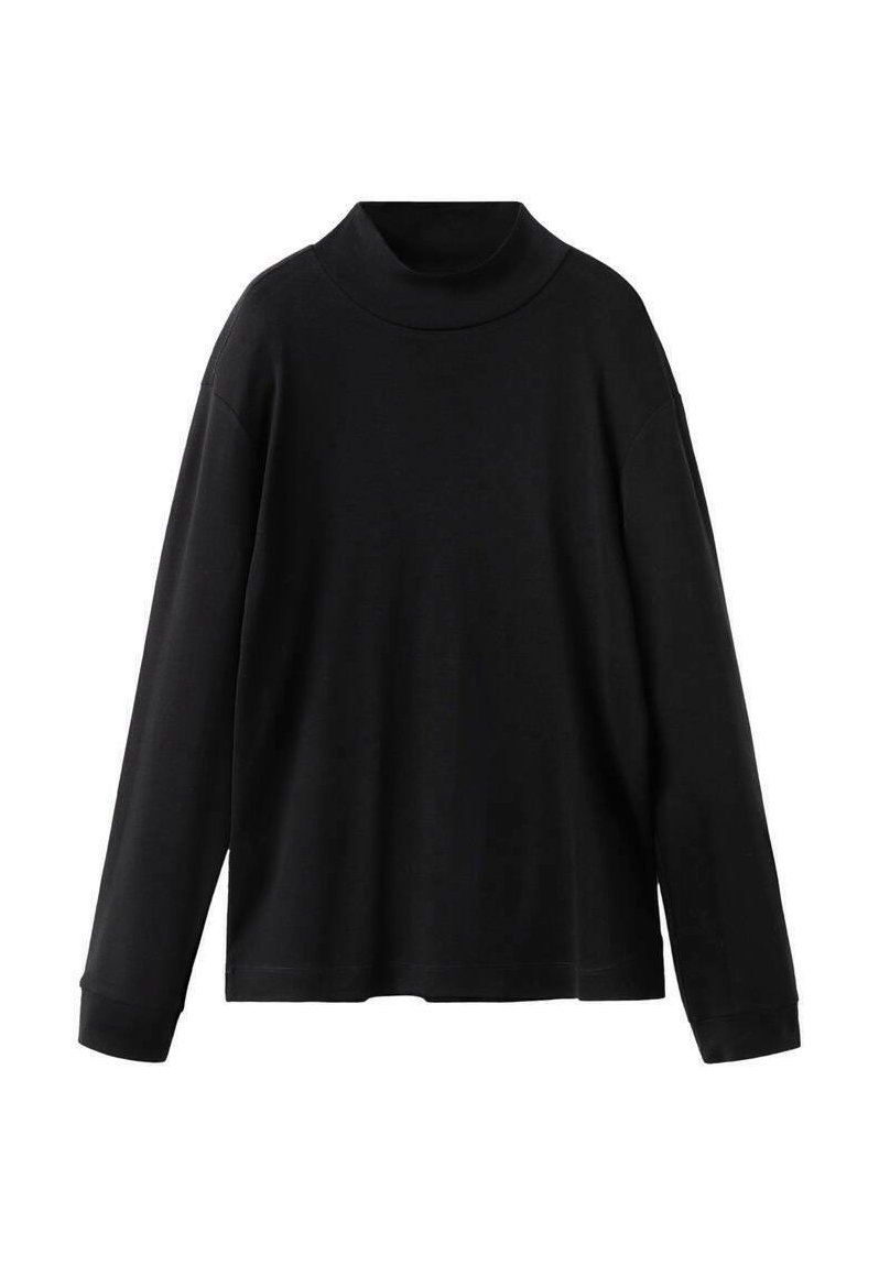 Black long-sleeve turtleneck top with a loose fit, made of soft fabric. Features a high collar and dropped shoulders for a relaxed silhouette.