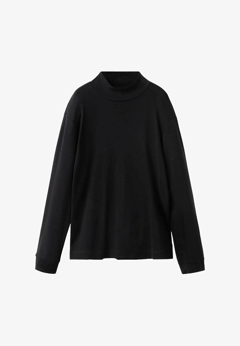 Black long-sleeve turtleneck top with a loose fit, made of soft fabric. Features a high collar and dropped shoulders for a relaxed silhouette.
