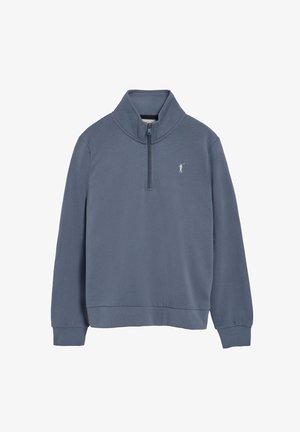 Donkerblauwe fleece pullover met een hoge kraag en een halve rits. Heeft ribgebreide manchetten en zoom, met een klein geborduurd logo op de borst.