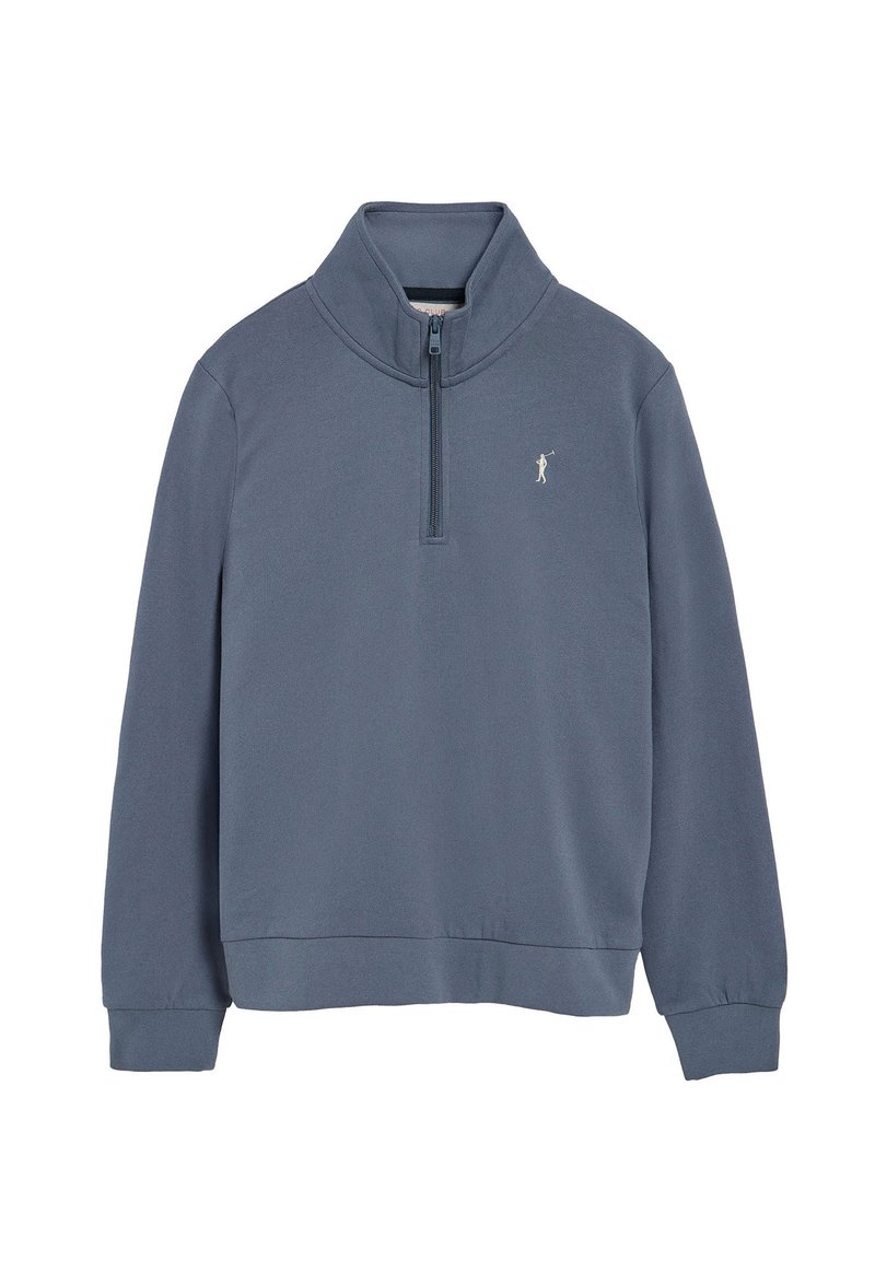 Mörkblå fleece-pullov med hög krage och halvdragkedja. Har ribbade muddar och kant, samt en liten broderad logotyp på bröstet.