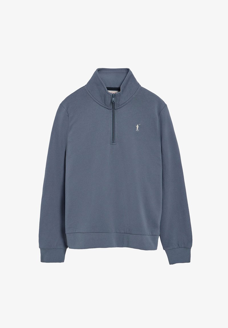 Mörkblå fleece-pullov med hög krage och halvdragkedja. Har ribbade muddar och kant, samt en liten broderad logotyp på bröstet.