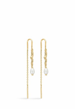 Kuldne kõrvarõngad tekstuurse disainiga, millel on peen kett ja valged pärlid allosas. Elegantne piklik kuju õhukeste varrastega.
