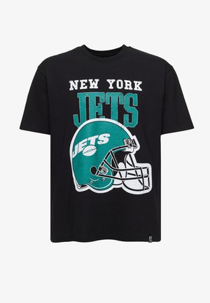 Czarny bawełniany T-shirt z napisem "NEW YORK JETS" oraz grafiką hełmu futbolowego w kolorze turkusowym z białymi akcentami. Klasyczny okrągły dekolt, krótkie rękawy.