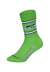 Zielona skarpeta sportowa z niebieskimi i białymi paskami, z logo Seattle Seahawks oraz białym napisem "SEAHAWKS" z boku. Gładka tekstura.