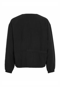 Čierny bavlnený sveter so zaobleným výstrihom, dlhými rukávmi a skráteným dizajnom. Obsahuje elastické manžety a jemný zaoblený lem na zadnej strane.