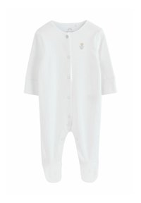 Hvid babybody lavet af blødt materiale, med lange ærmer, rund hals, trykknapper og et lille broderet bamsemotiv.