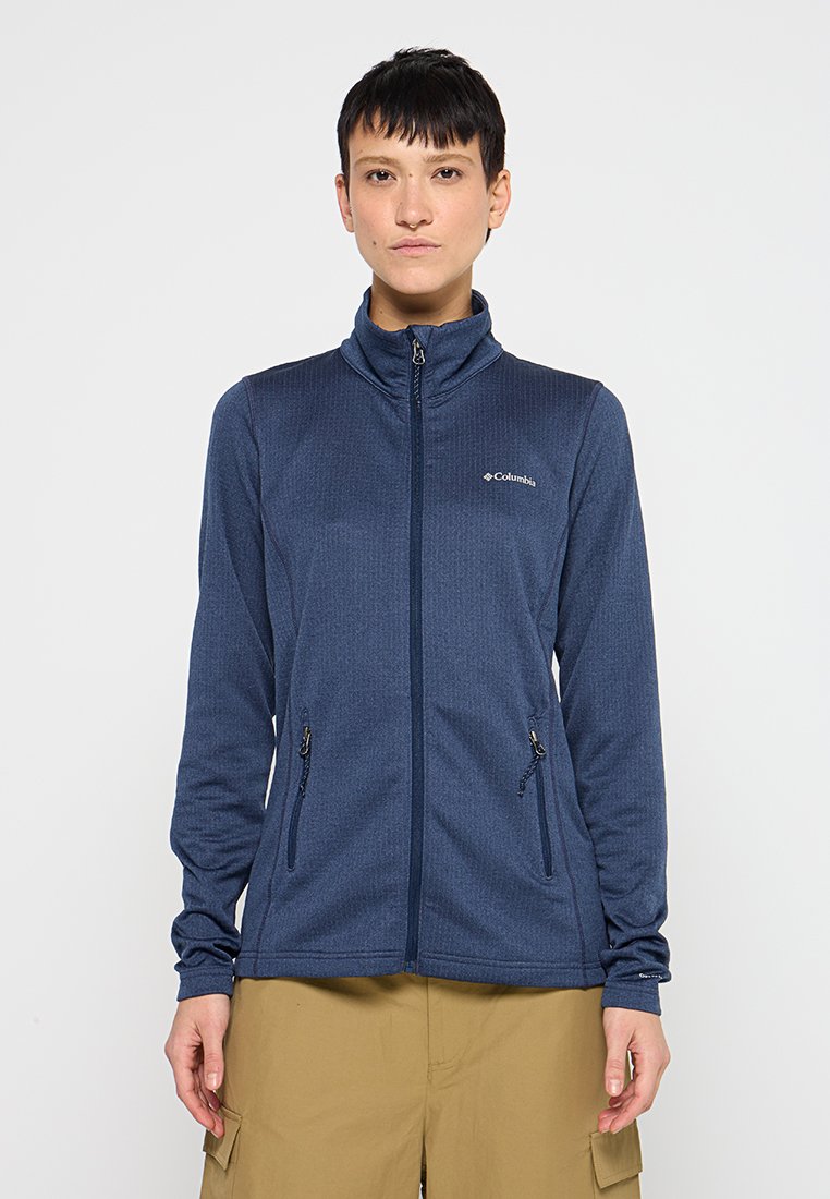 Marine blauwe fleece jack met ritssluiting, van textuurstof, met staande kraag en twee ritszakken aan de zijkant; met Columbia-logo op de bovenlinkerzijde.