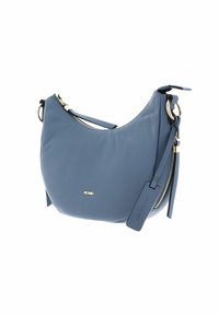 Blue leather shoulder bag with smooth texture, curved shape, gold-tone hardware, zipper detail, and a hanging logo tag.