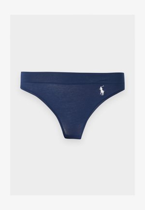 Chilot bikini bleumarin cu talie joasă, cu o bandă subțire în talie și un mic logo brodat alb al unui jucător de polo în partea dreaptă din față.