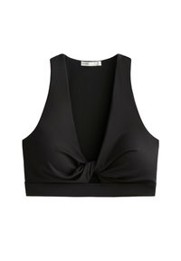 Zwarte bralette met een diepe V-hals, brede bandjes en een knoopdetail aan de voorkant. Gemaakt van glad, rekbaar materiaal en met een aansluitend ontwerp.