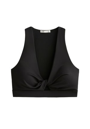 Zwarte bralette met een diepe V-hals, brede bandjes en een knoopdetail aan de voorkant. Gemaakt van glad, rekbaar materiaal en met een aansluitend ontwerp.