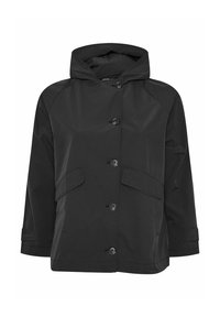 Veste à capuche noire avec un devant à boutons, deux grandes poches plaquées et des manches retroussées. Fabriquée en tissu lisse et léger.