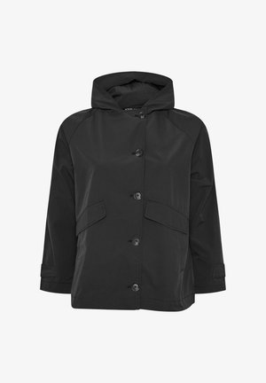 Giacca nera con cappuccio, chiusura a bottoni, due grandi tasche applicate e maniche arrotolate. Realizzata in tessuto leggero e morbido.