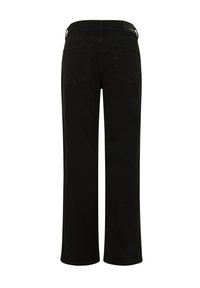 Vidjejeans i svart färg gjorda av bomullsdenim. Har bakfickor och en knappstängning. Enkelt design med en slät textur.