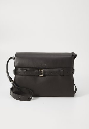 Black leather handbag with a fold-over flap, gold hardware buckle accent, adjustable strap, and a structured rectangular shape.