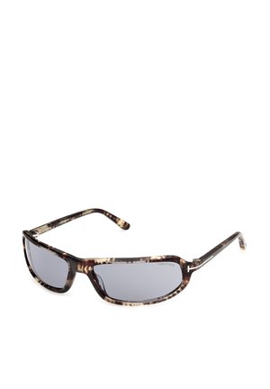 Rechteckige Schildpatt-Sonnenbrille mit dunklen Gläsern und schmalen Bügeln, ausgestattet mit einem kleinen silbernen "T"-Detail nahe den Scharnieren.