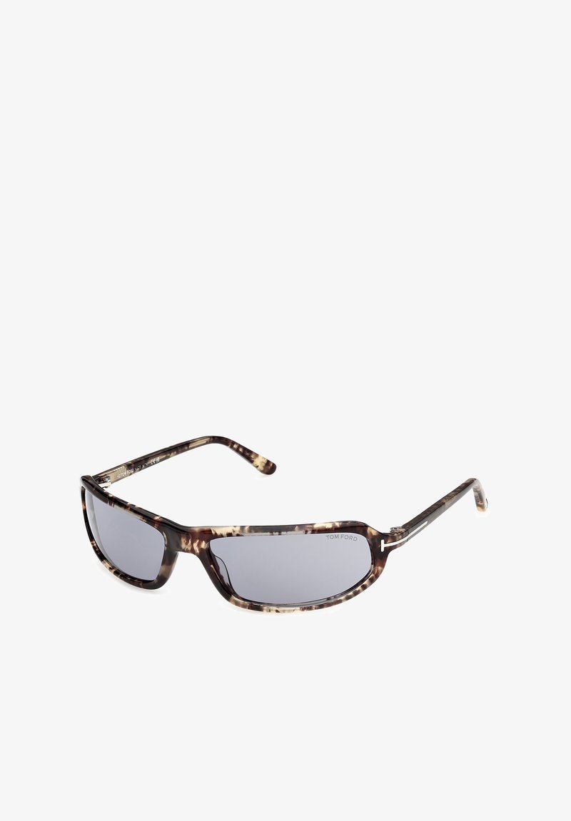 Rectangular tortoiseshell sunglasses with dark lenses and slim arms, featuring a small silver "T" detail near the hinges.