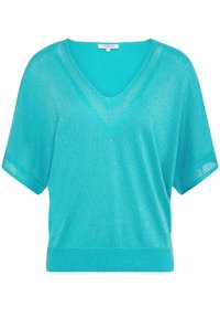 Pull turquoise à manches courtes avec col en V, fabriqué dans un tissu léger et scintillant, présentant une coupe légèrement ample et des accents texturés.