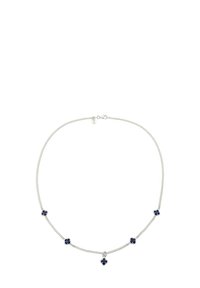 Silver chain necklace featuring five small navy floral accents with a smooth texture and an adjustable clasp.