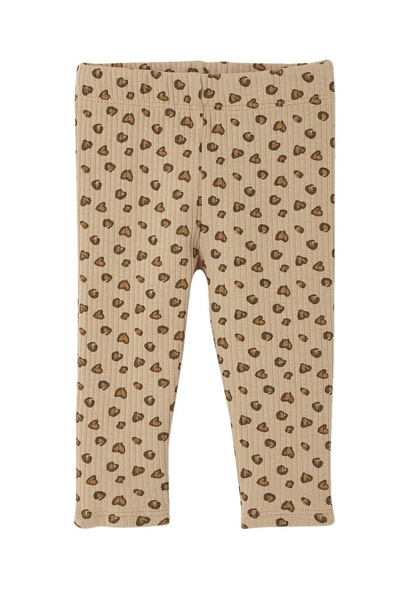 Rippige beige Leggings mit einem Leopardenmuster in Brauntönen. Sie haben einen elastischen Bund und sind knöchellang.