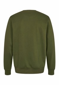 Oliivu zaļš džemperis ar garām piedurknēm, apļa kakla izgriezumu, ribotiem piedurkņu galiem un jostasvietu, ar mīkstu, gludu tekstūru un vienkrāsainu dizainu.