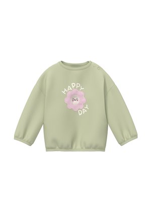 Felpa per bambini a maniche lunghe verde chiaro con un fiore rosa sorridente e le parole "HAPPY DAY" sulla parte anteriore, bottoni a pressione sulla spalla.