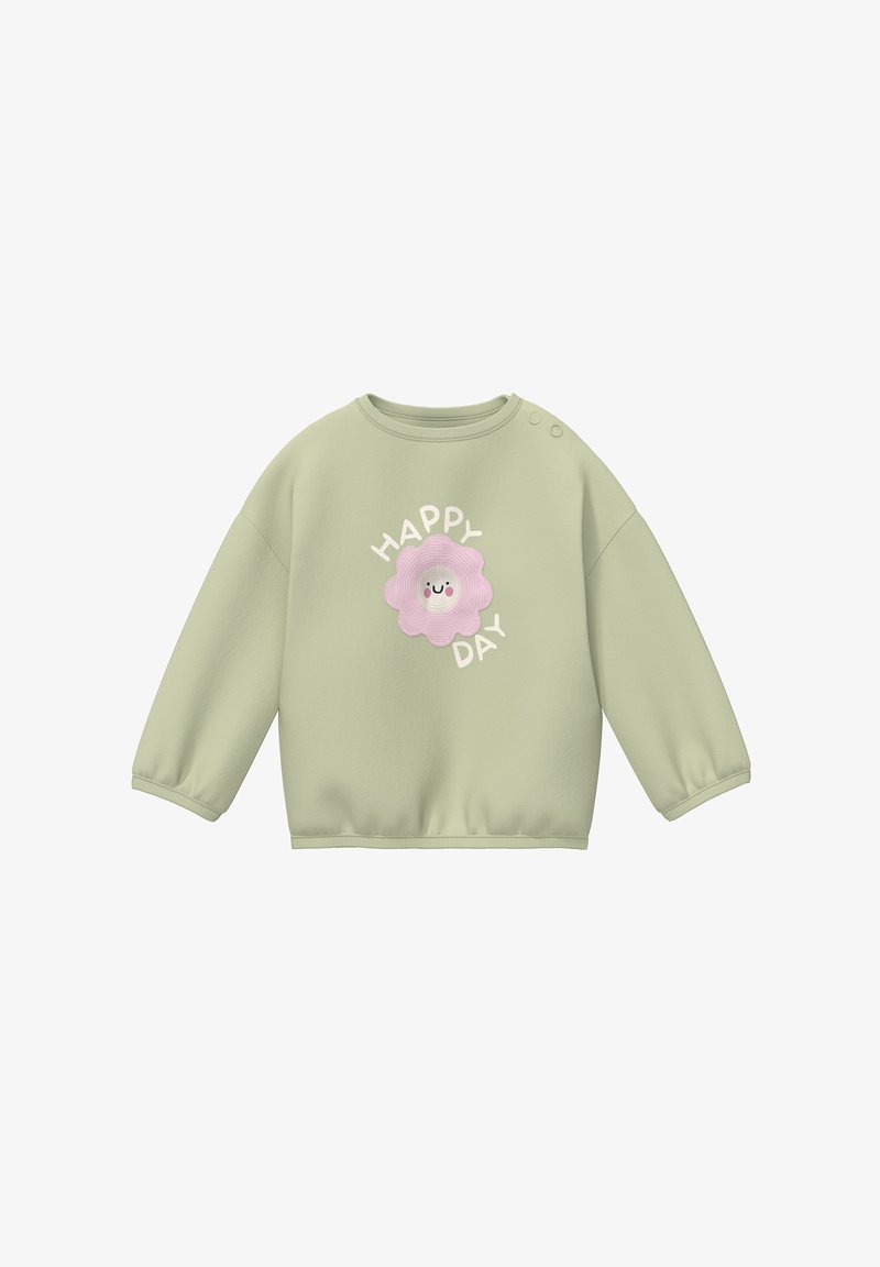 Sweatshirt pour tout-petit à manches longues vert clair avec une fleur rose souriante et les mots "HAPPY DAY" sur le devant, boutons pression aux épaules.
