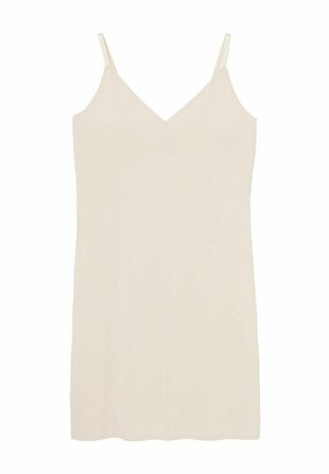 Lichtbeige slipdress met een V-hals en dunne verstelbare banden, met een gladde textuur en een rechte, knielange snit.