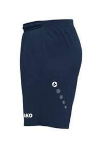 Pantaloni sportivi blu navy con vita elasticizzata, design con pannelli laterali, logo bianco e accenti puntinati. Tessuto leggero, superficie liscia.