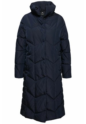 Cappotto lungo imbottito blu navy con colletto alto, motivo a trapunta e vestibilità ampia. Materiale morbido e isolante con due tasche laterali.