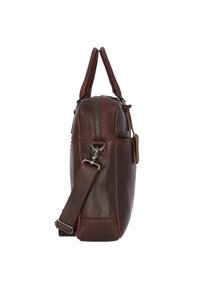 Braune Lederhandtasche mit strukturierter Oberfläche, zwei oberen Tragegriffen, einem abnehmbaren Schultergurt und einem Reißverschluss an der oberen Kante.
