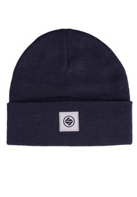 Navy blue knit beanie with folded cuff featuring a white square patch and a circular black logo in the center.