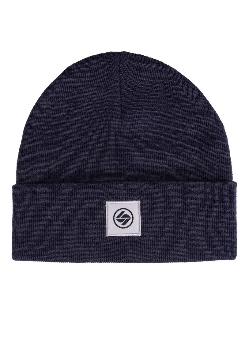 Navy blue knit beanie with folded cuff featuring a white square patch and a circular black logo in the center.