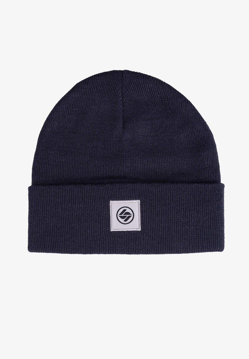 Navy blue knit beanie with folded cuff featuring a white square patch and a circular black logo in the center.
