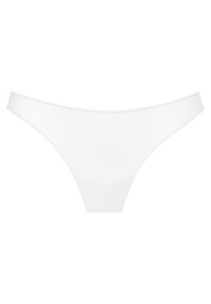 Valkoiset stringeet, jotka on valmistettu sileästä ja joustavasta materiaalista, joissa on minimalistikuvio. Varustettu ohuella elastisella vyötärönauhalla ja saumatonta reunaa.