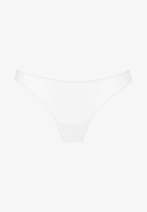 Weiße Tanga-Unterwäsche aus glattem, dehnbarem Material mit minimalistischem Design. Verfügt über einen dünnen elastischen Bund und nahtlose Kanten.