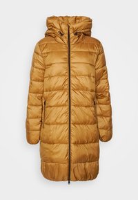 Veste marron gonflée à capuche avec fermeture éclair frontale et cordon de serrage. Fabriquée en tissu lisse et brillant, avec des poches latérales et une coupe jusqu'au genou.