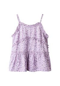 Hellpurpurnes ärmelloses Oberteil mit Blumenmuster, Rüschendetails an den Nähten und einem lockeren, gestuften Design. Aus weichem Stoff gefertigt.
