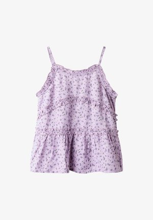 Jasnofioletowa bezrękawnik z kwiatowym wzorem, z falbanami wzdłuż szwów oraz luźnym, warstwowym krojem. Wykonana z miękkiego materiału.