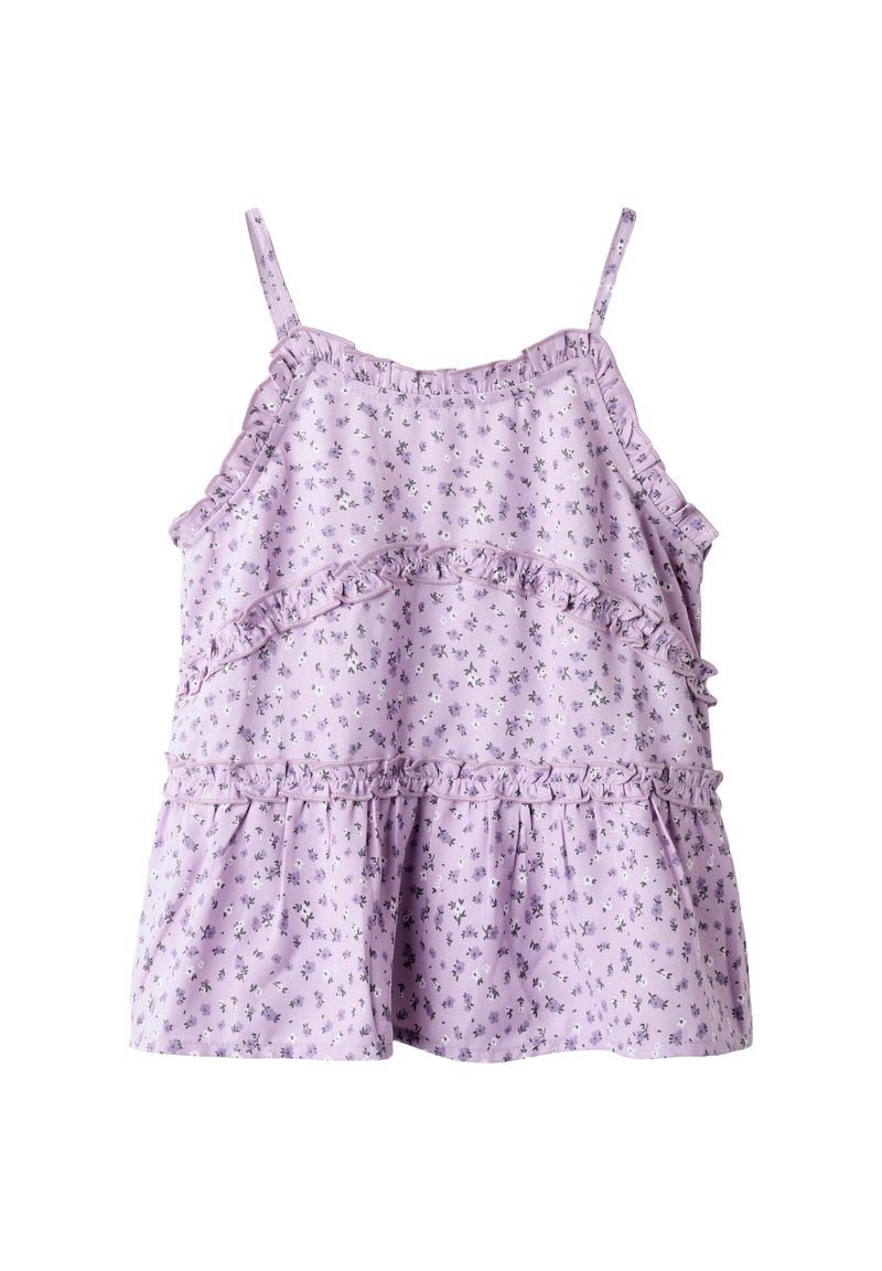 Hellpurpurnes ärmelloses Oberteil mit Blumenmuster, Rüschendetails an den Nähten und einem lockeren, gestuften Design. Aus weichem Stoff gefertigt.