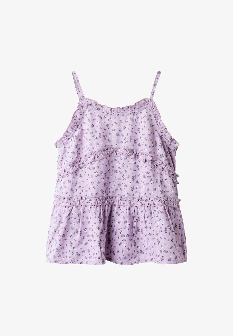 Top senza maniche di un leggero colore viola, con motivo floreale, dettagli a volant lungo le cuciture e un design ampio e a balze. Realizzato in tessuto morbido.