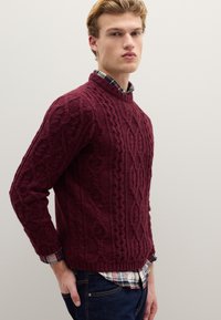 Maglione color bordeaux a trecce con motivi testurizzati, collo e polsini a coste, indossato sopra una camicia a quadri con colletto, abbinato a jeans scuri.