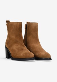 Botas de tobillo de ante marrón con un tacón cuadrado, que cuentan con una textura suave, punta redonda y un cierre con cremallera lateral.
