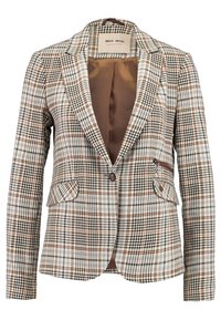 Blazer a cuadros con una mezcla de colores negro, blanco y marrón. Presenta un cierre de dos botones, solapas con muesca y bolsillos de solapa. Interior forrado.