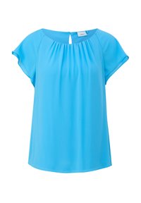 Blouse bleu à manches courtes avec encolure froncée et petite ouverture en trou de serrure au dos, fabriquée en tissu léger.