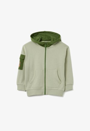 Groene rits hoodie van zachte stof, met twee voorzakken, ribgebreide manchetten en een contrasterende kleur voor de binnenschelp.